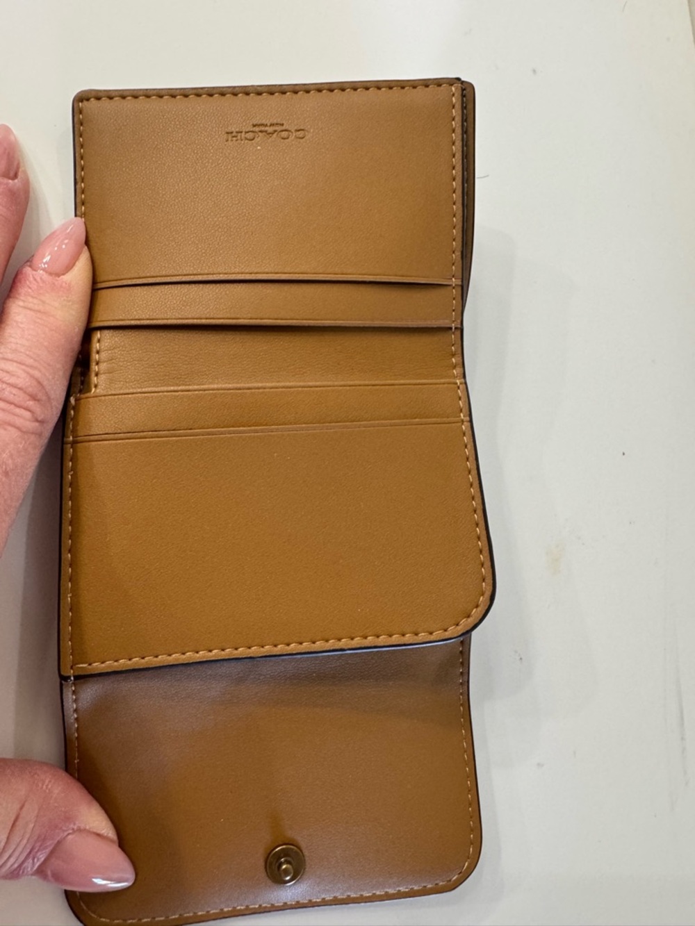 Coach Leather Trifold Wallet with Gold Accent, Honey Brown, Detachable Zip Pouch - Picture 4 of 7